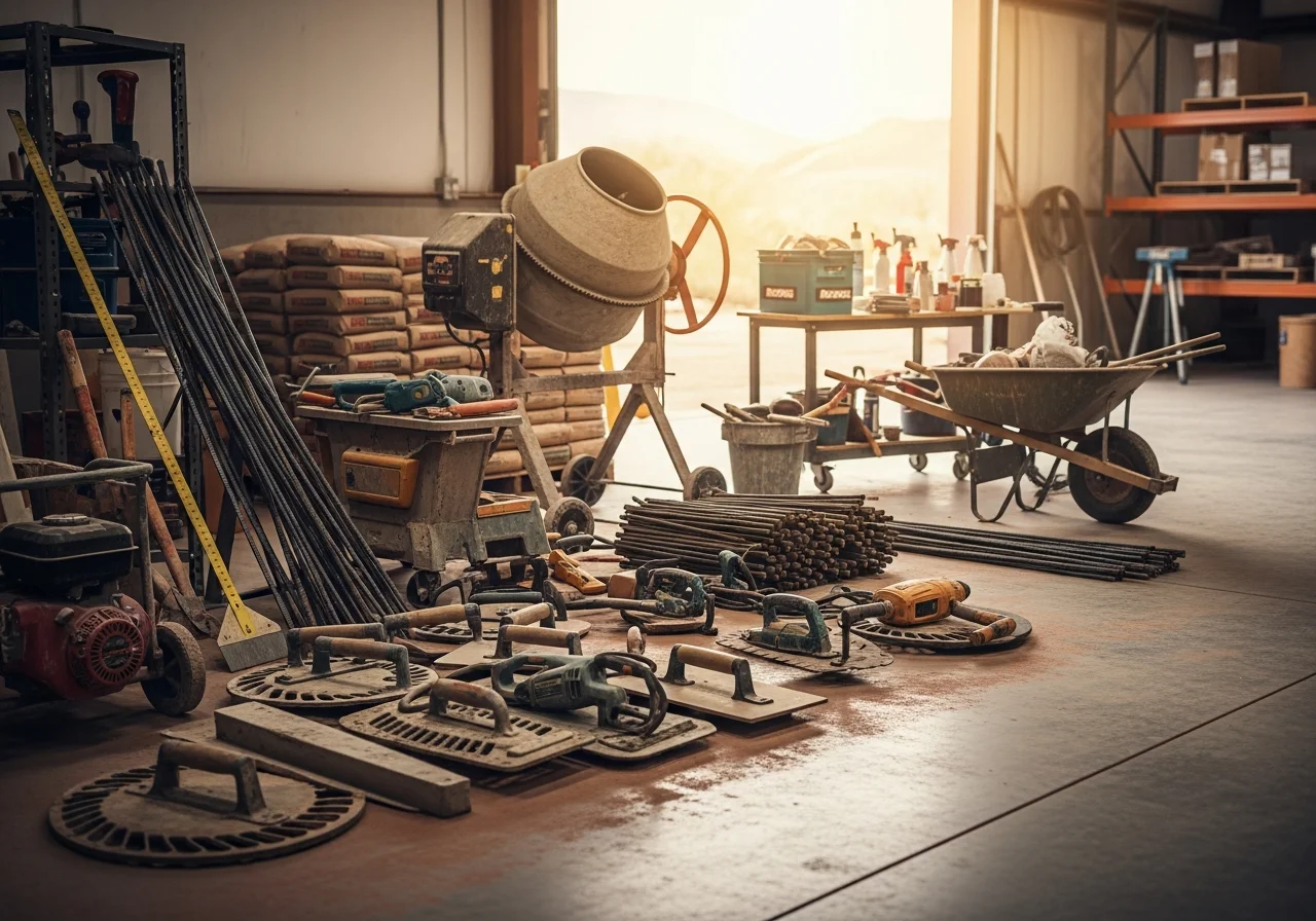 Concrete contractor tools and equipment on a job site, showcasing professional construction materials and readiness for concrete work.