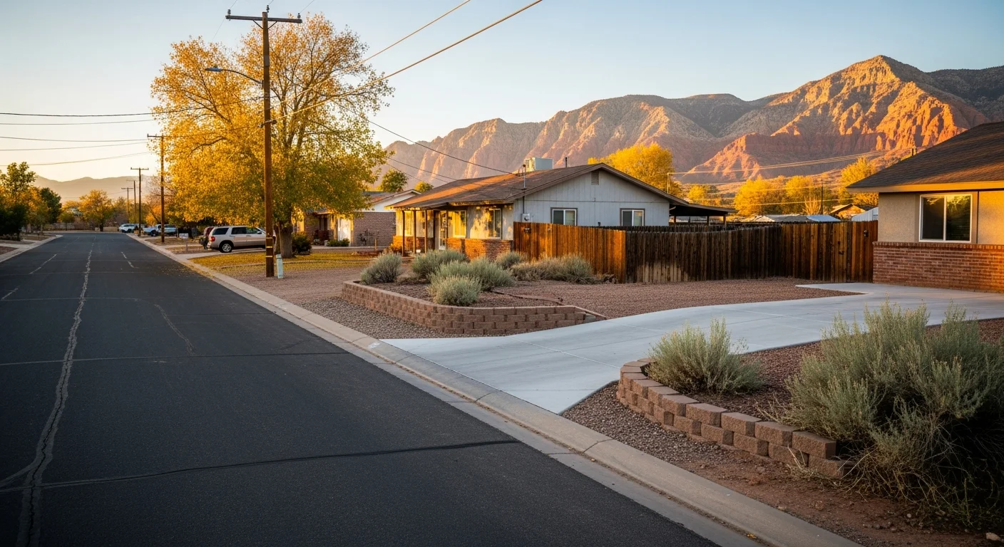 Mountain valley town with older residential homes and ranch properties under clear blue sky.