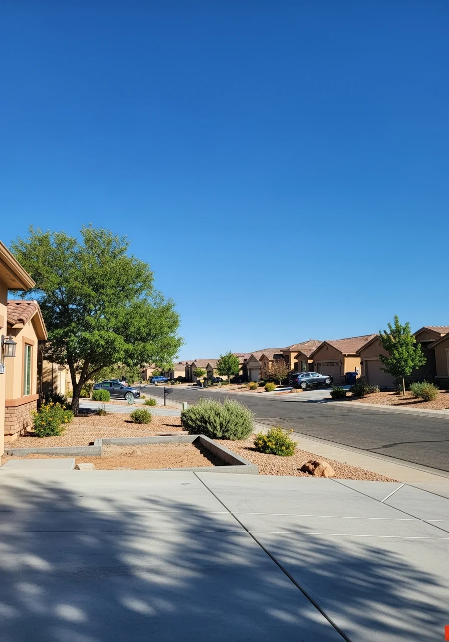 St. George residential street with established homes and clear blue sky.