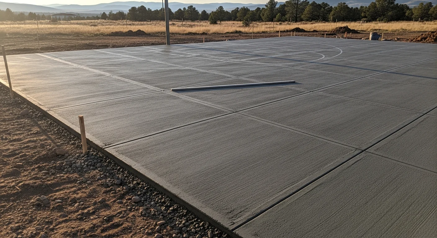 A finished outdoor concrete basketball court on a residential property in Beaver, Utah, with painted court lines and a mounted hoop. The reinforced slab sits on a graded surface with clear perimeter drainage, surrounded by an open yard.