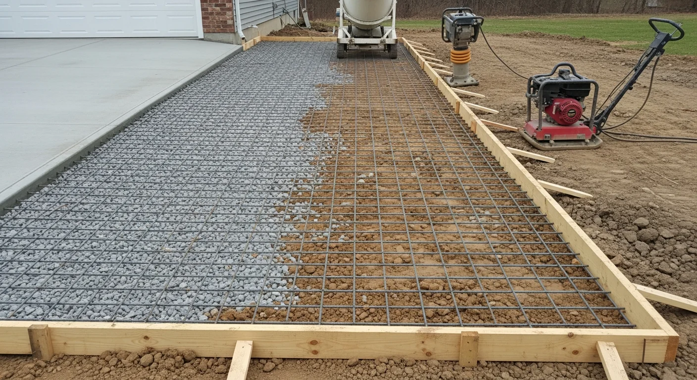 A freshly poured concrete driveway in front of a residential home in Beaver, PA, with clean edges, visible control joints, and a smooth broom finish. The surrounding yard shows graded soil and a hillside lot typical of the Beaver area.