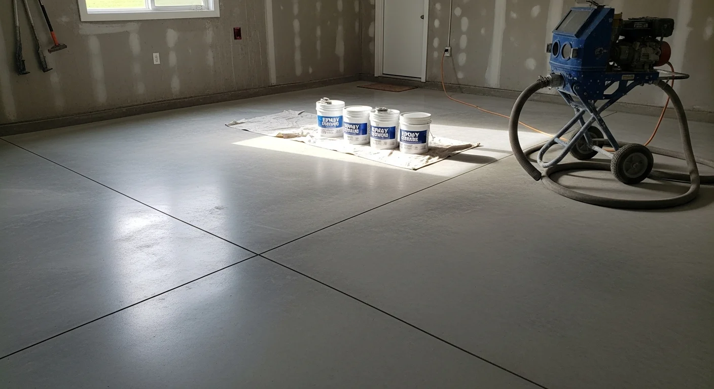 A freshly applied concrete epoxy coating on a residential garage floor in Beaver, PA, showing a smooth, glossy surface free of stains and cracks. The coated slab reflects overhead lighting and shows clean, defined edges along the garage walls.