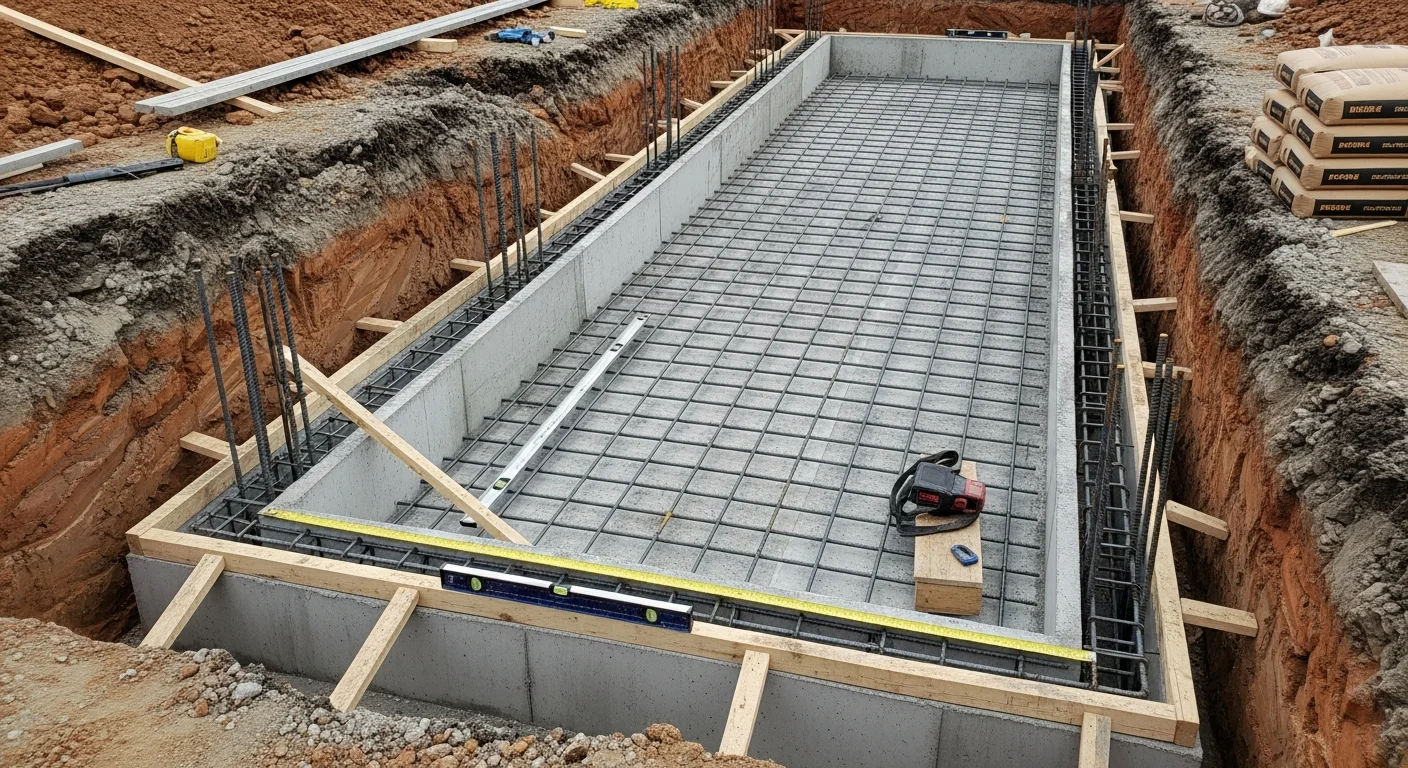 Freshly poured reinforced concrete foundation walls for a residential property in Beaver, PA, with visible rebar and formed basement wall sections. Construction site shows excavated clay soil and staged forming materials in a Beaver County neighborhood.