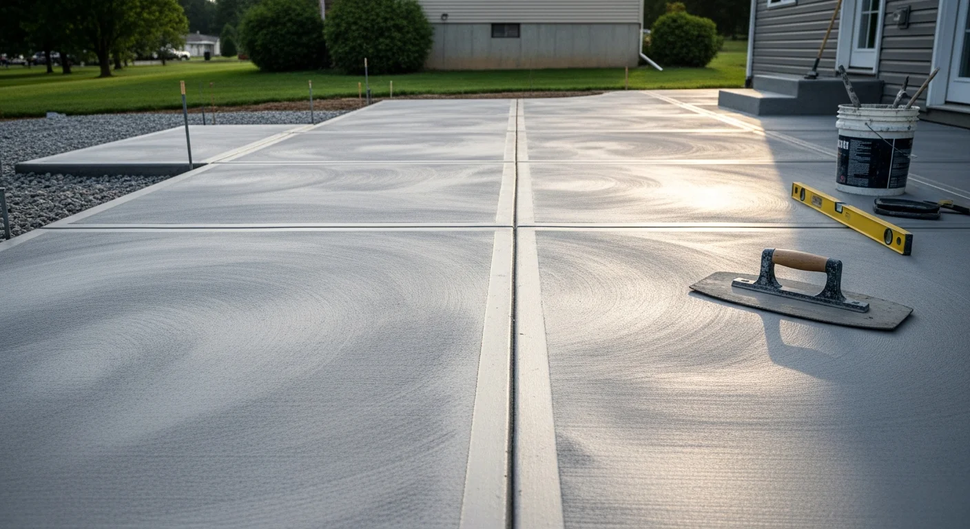 A freshly poured and finished concrete patio behind a residential home in Beaver, PA. The smooth gray slab includes visible control joints and sits flush with the surrounding yard.