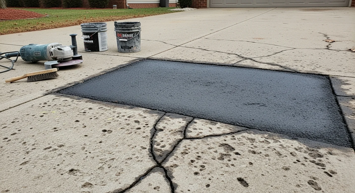 A repaired residential concrete driveway in Beaver, PA showing a smooth, crack-free surface next to an older unrepaired section with visible freeze-thaw damage. Close-up view of patched concrete with clean edges on a single-family home property.