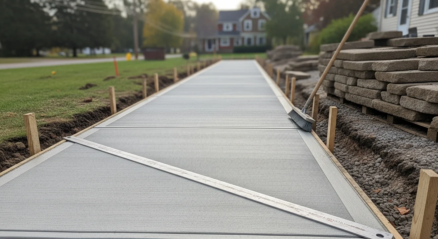Freshly poured concrete sidewalk running along the front of a residential property in Beaver, PA. The smooth, light-gray surface has clean control joints and a straight edge bordering a green lawn.