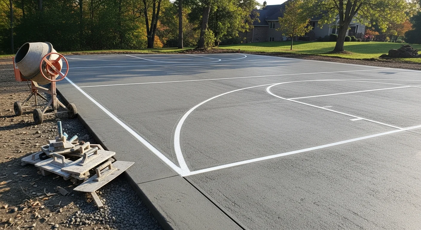 A finished concrete sport court at a residential property in Beaver, PA, with painted basketball and pickleball lines on a smooth, textured gray slab. The court is surrounded by a neatly graded yard with a clear view of the playing surface.