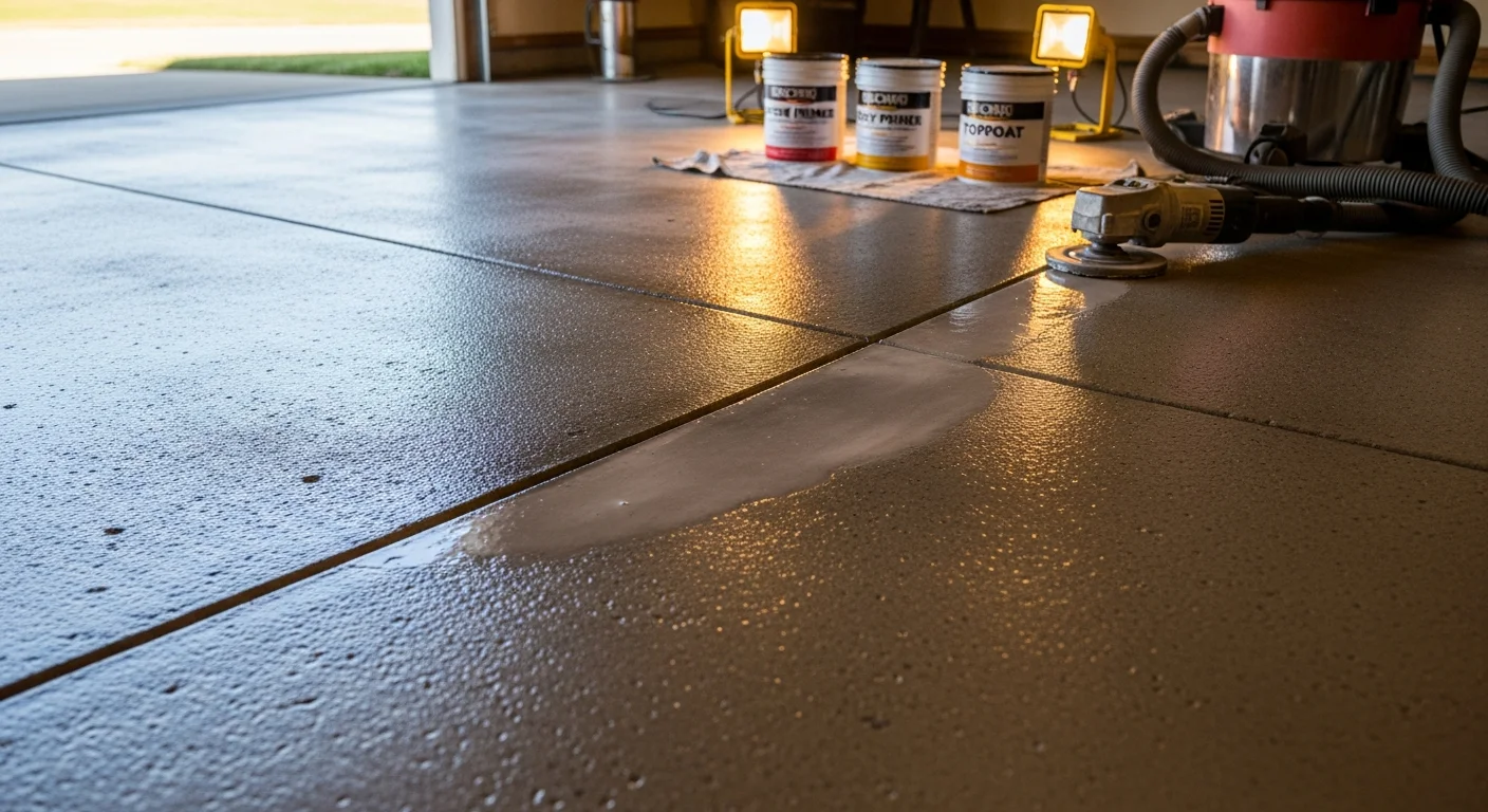 Close-up of a repaired epoxy-coated concrete garage floor in Beaver, PA, showing a smooth, uniform surface where cracked and peeling sections have been patched and recoated. The finished floor shows a clean transition between the repaired area and the surrounding existing epoxy coating.