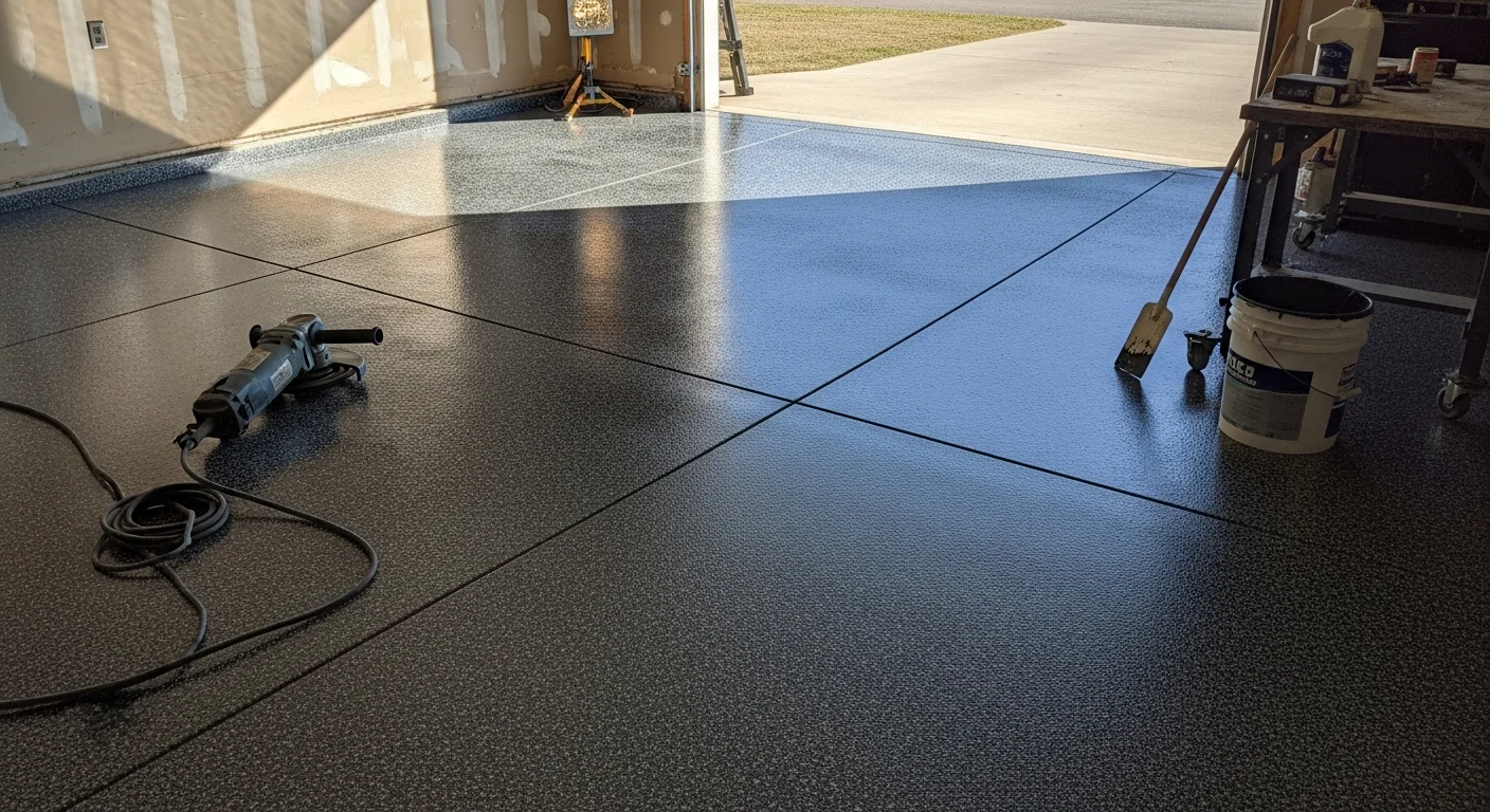A finished garage floor with a smooth, gray epoxy coating inside a residential garage in Beaver, PA. The sealed concrete surface is clean and free of staining, with a vehicle parked on top.