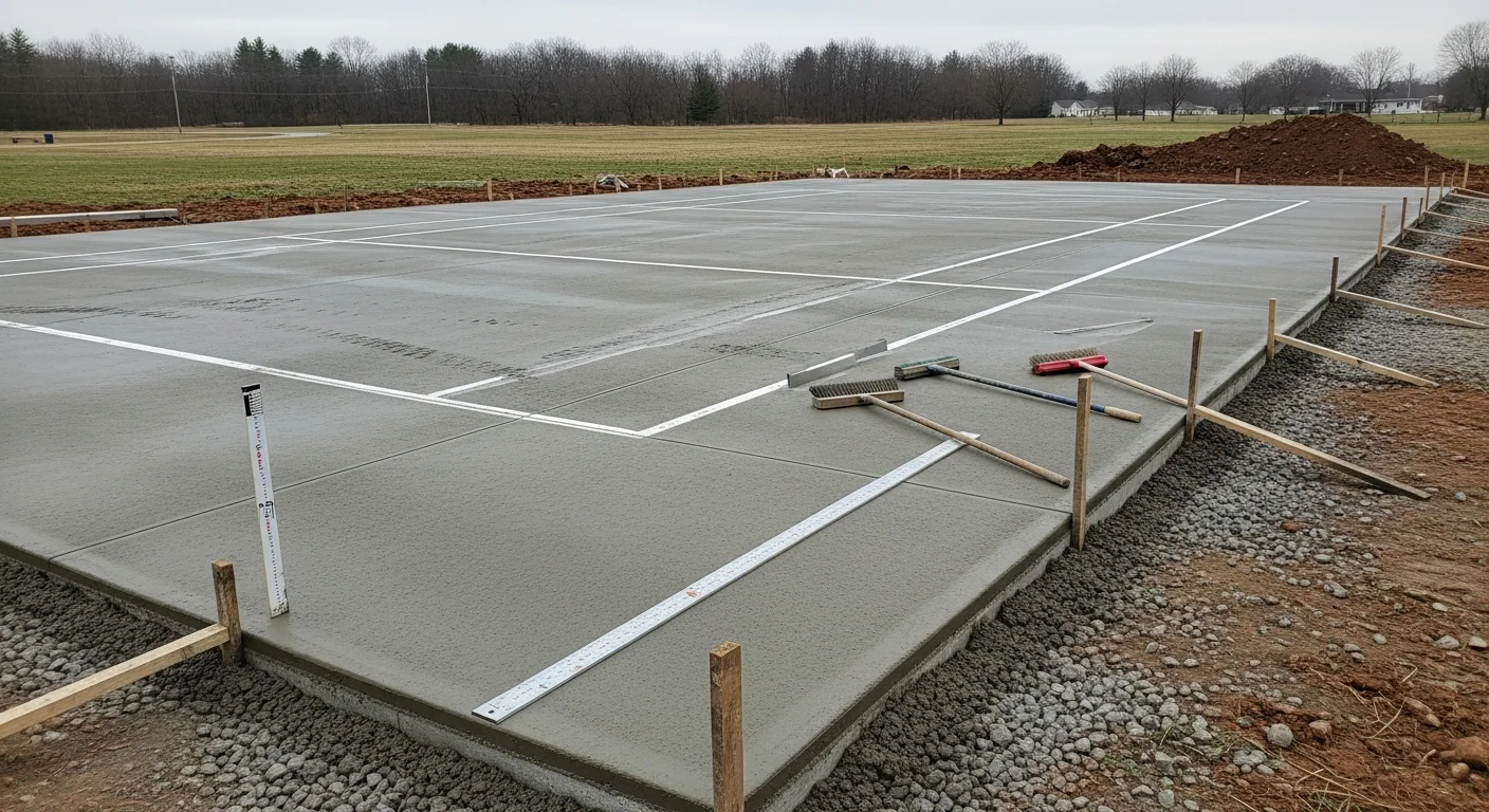 A newly constructed concrete tennis court on a residential property in Beaver, PA, with crisp white court lines and a chain-link perimeter fence. The surrounding landscape shows a cleared, graded site typical of Beaver County residential construction.